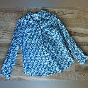 Charter Club Luxury Womens 100% Linen Button Up Shirt Blue Wave Pattern Medium